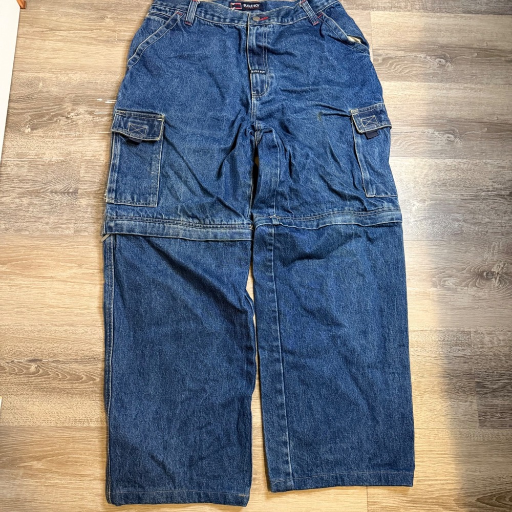 Bugle Boy Baggy Vintage 90s Cargo Jeans Mens 36x34 Blue Wide Leg Convertible